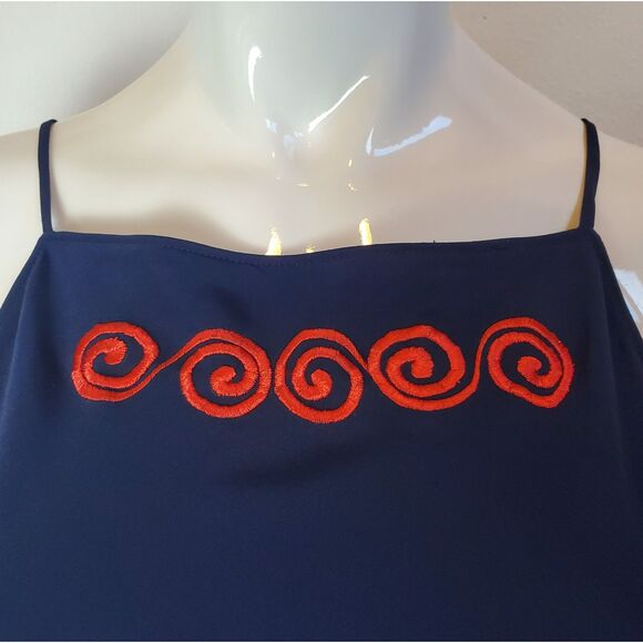 Vintage 90s Josie Navy Blue Red Embroidered Bias Slip Dress - Picture 6 of 8